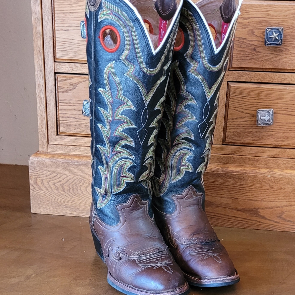 Tony Lama Brown And Black With Fancy Stitching Leather Buckaroo Cowboy Boots